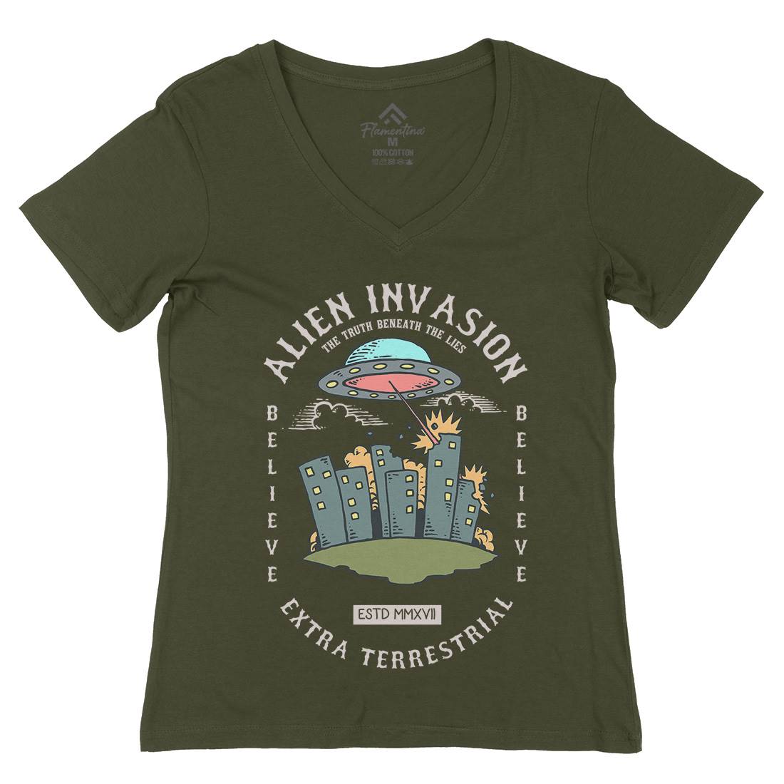 Alien Attack Womens Organic V-Neck T-Shirt Space C703