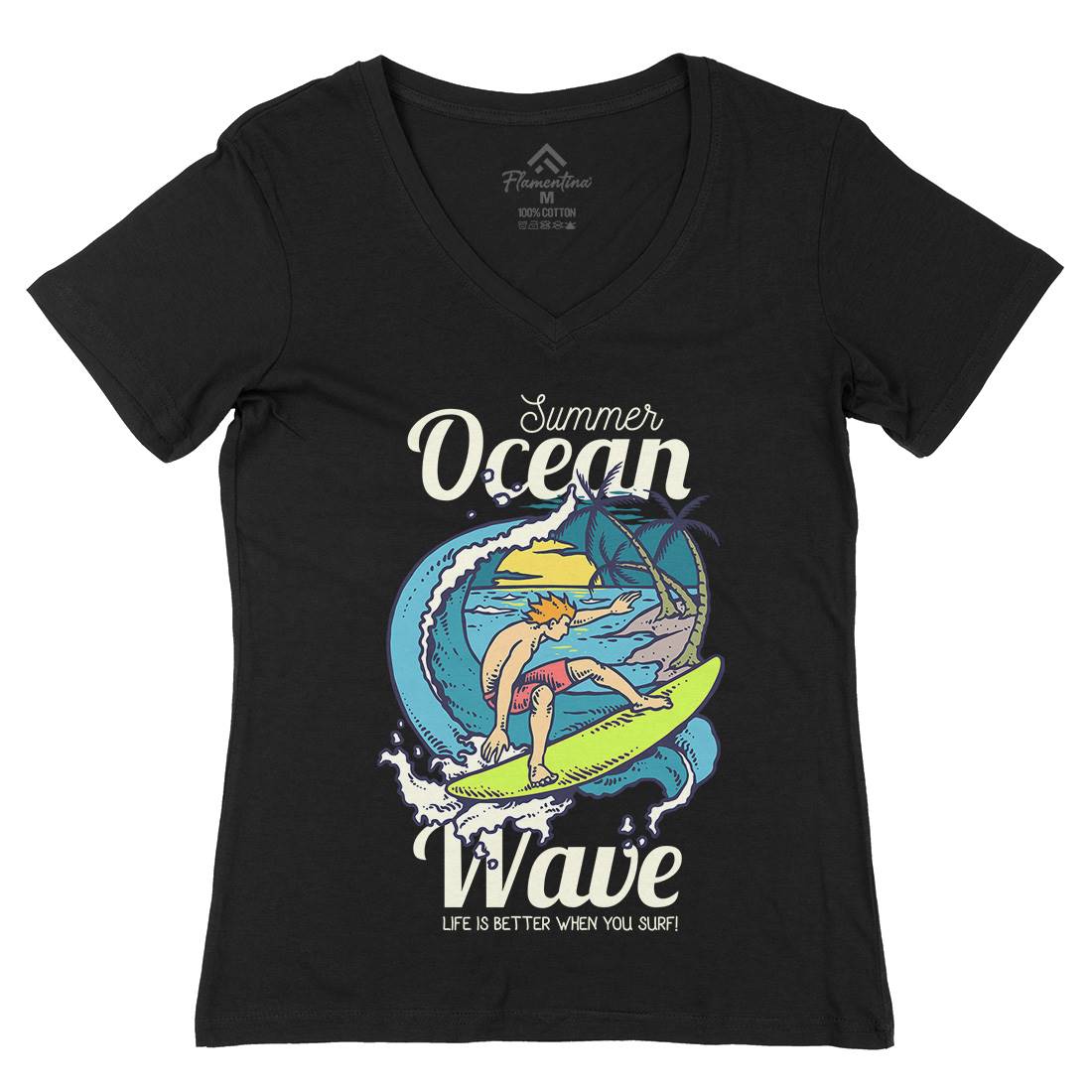 Beach Surfing Womens Organic V-Neck T-Shirt Surf C710