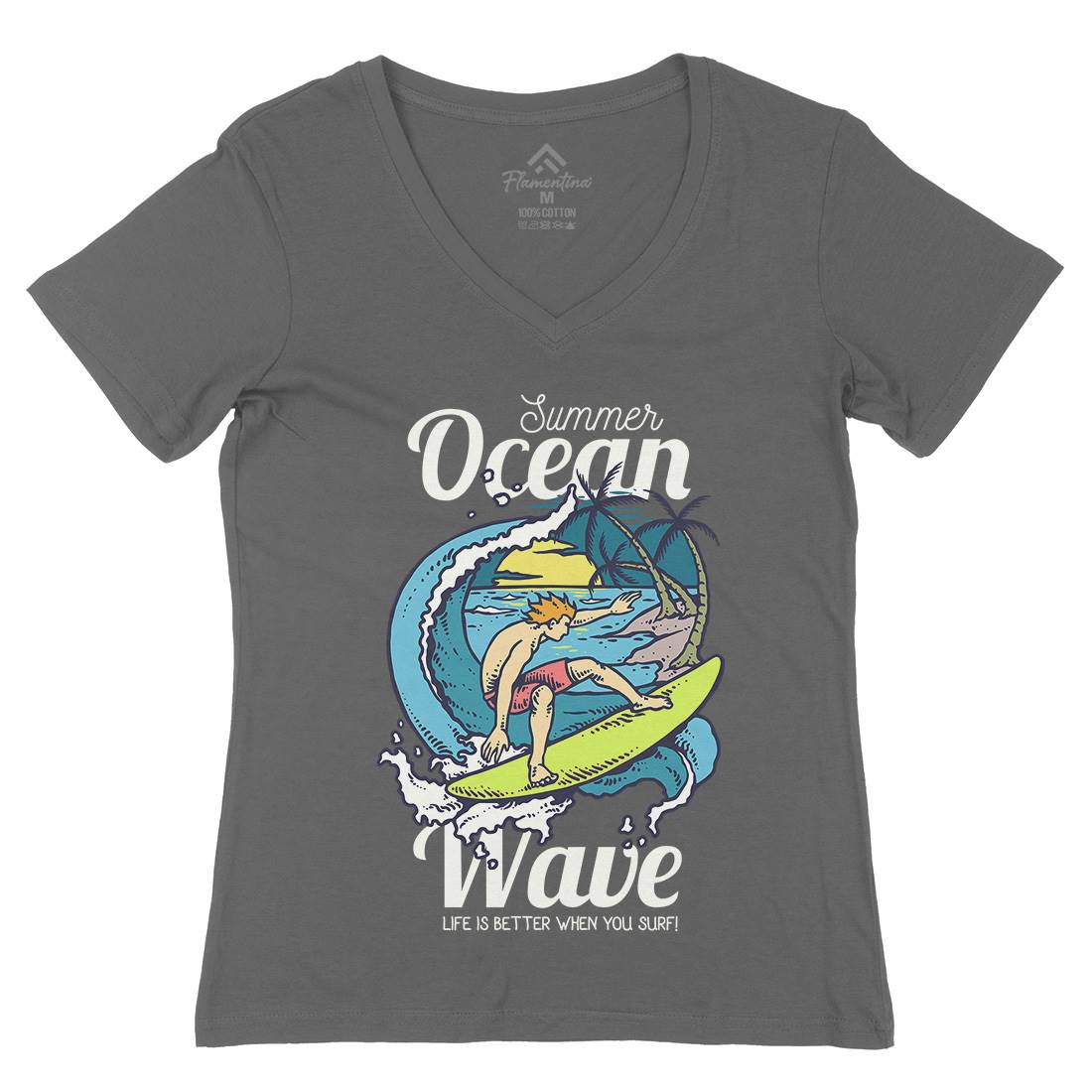 Beach Surfing Womens Organic V-Neck T-Shirt Surf C710