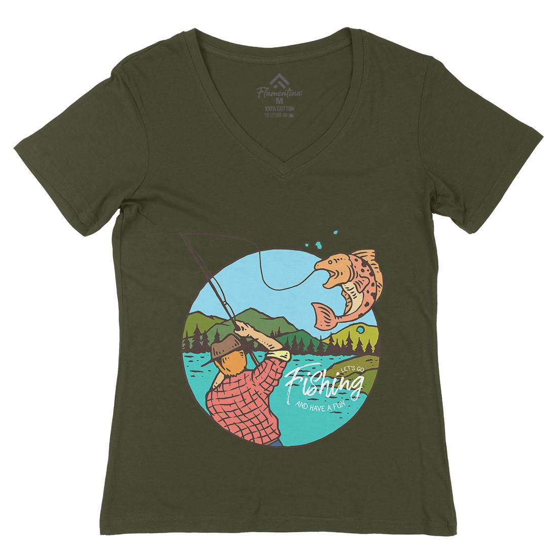 Lets Go Womens Organic V-Neck T-Shirt Fishing C728
