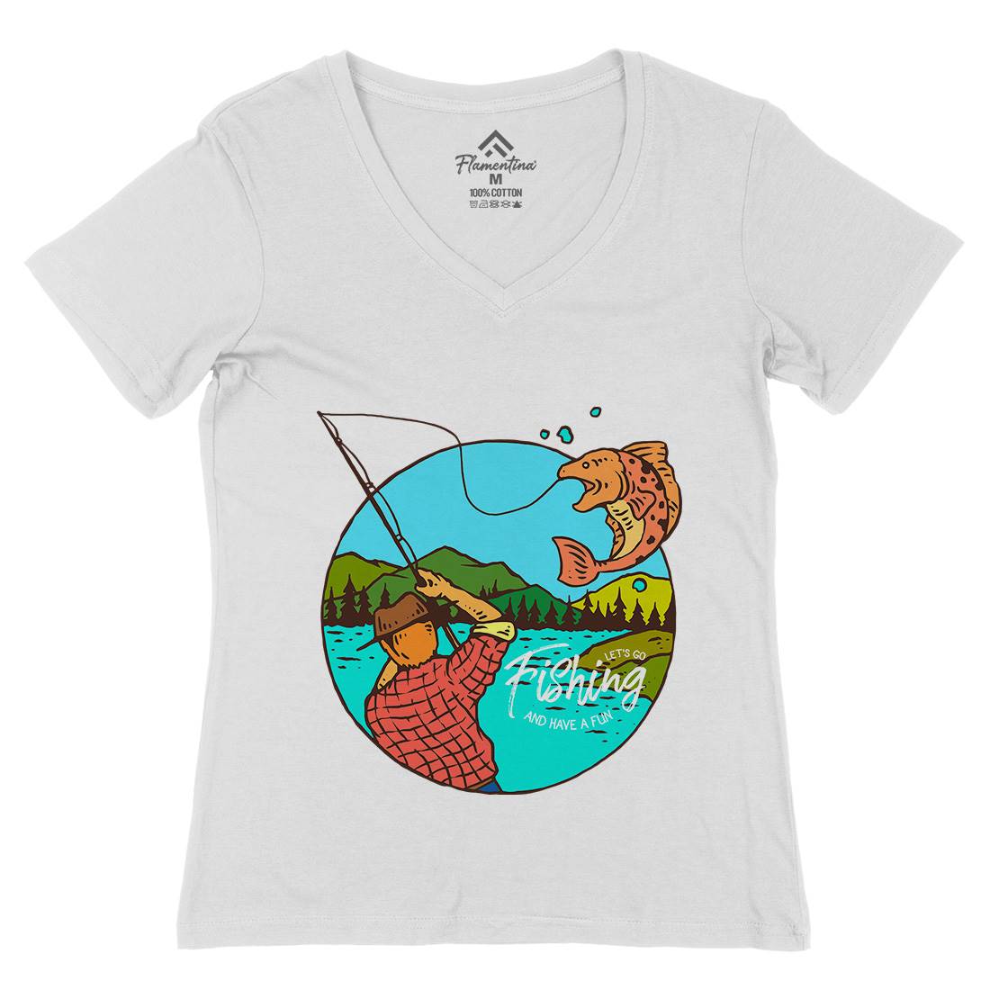 Lets Go Womens Organic V-Neck T-Shirt Fishing C728