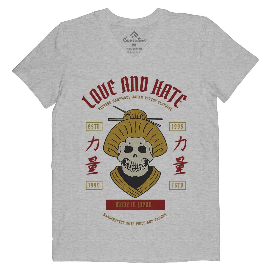 Geisha Skull Mens Organic V-Neck T-Shirt Asian C730