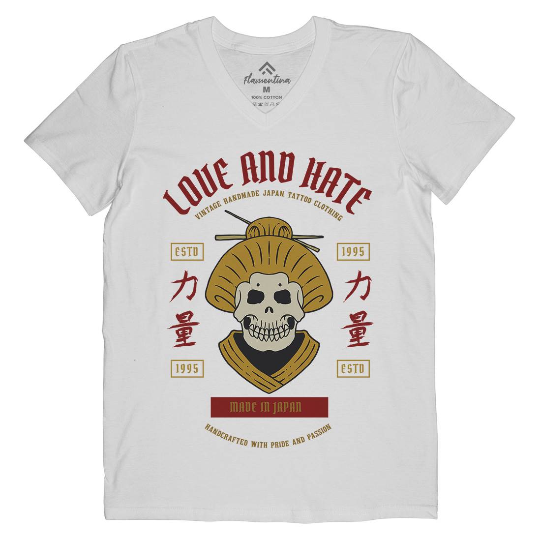 Geisha Skull Mens Organic V-Neck T-Shirt Asian C730