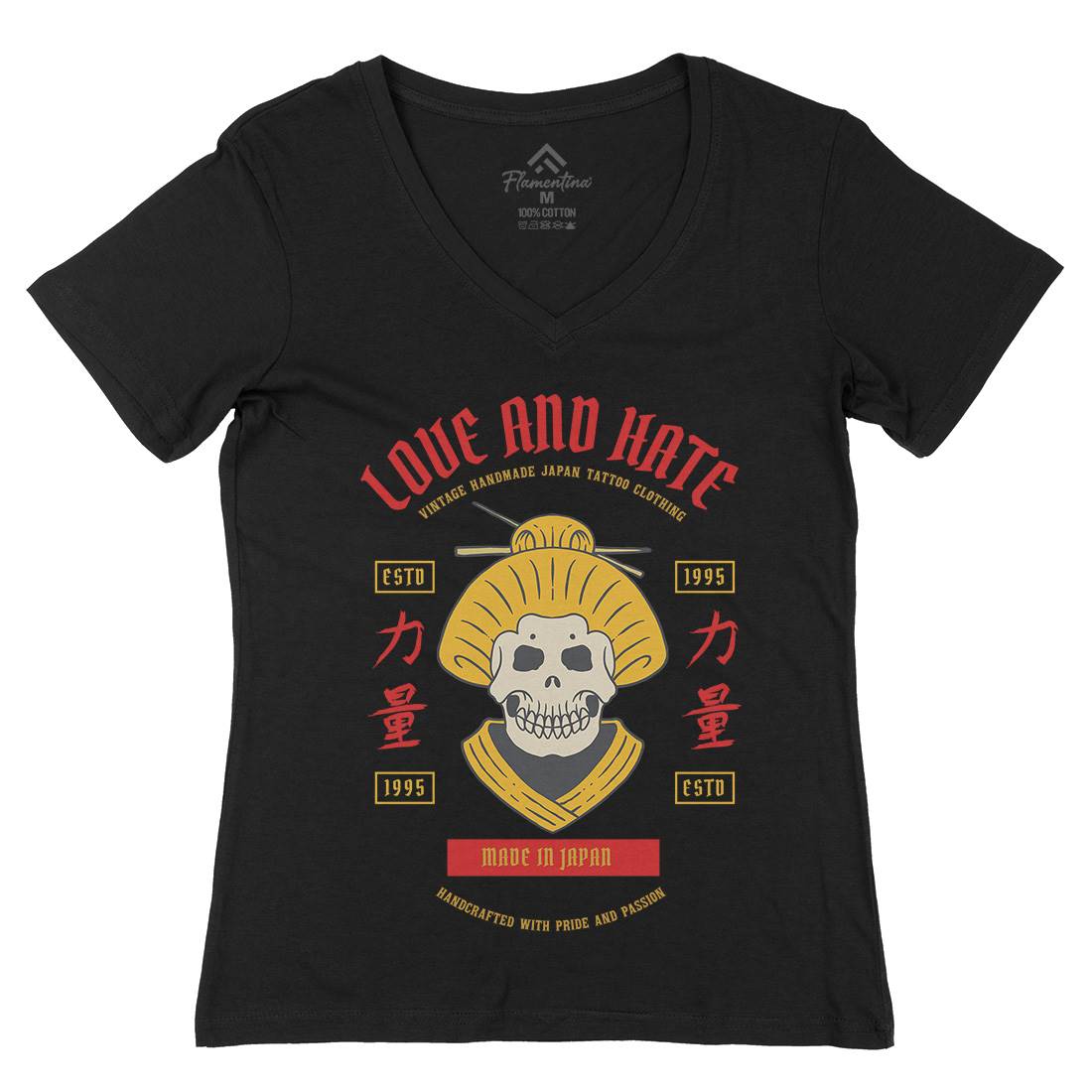 Geisha Skull Womens Organic V-Neck T-Shirt Asian C730