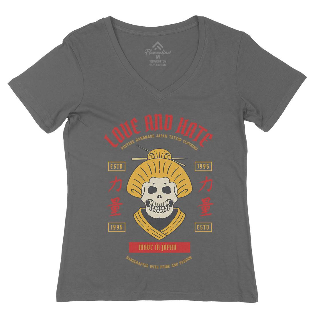 Geisha Skull Womens Organic V-Neck T-Shirt Asian C730