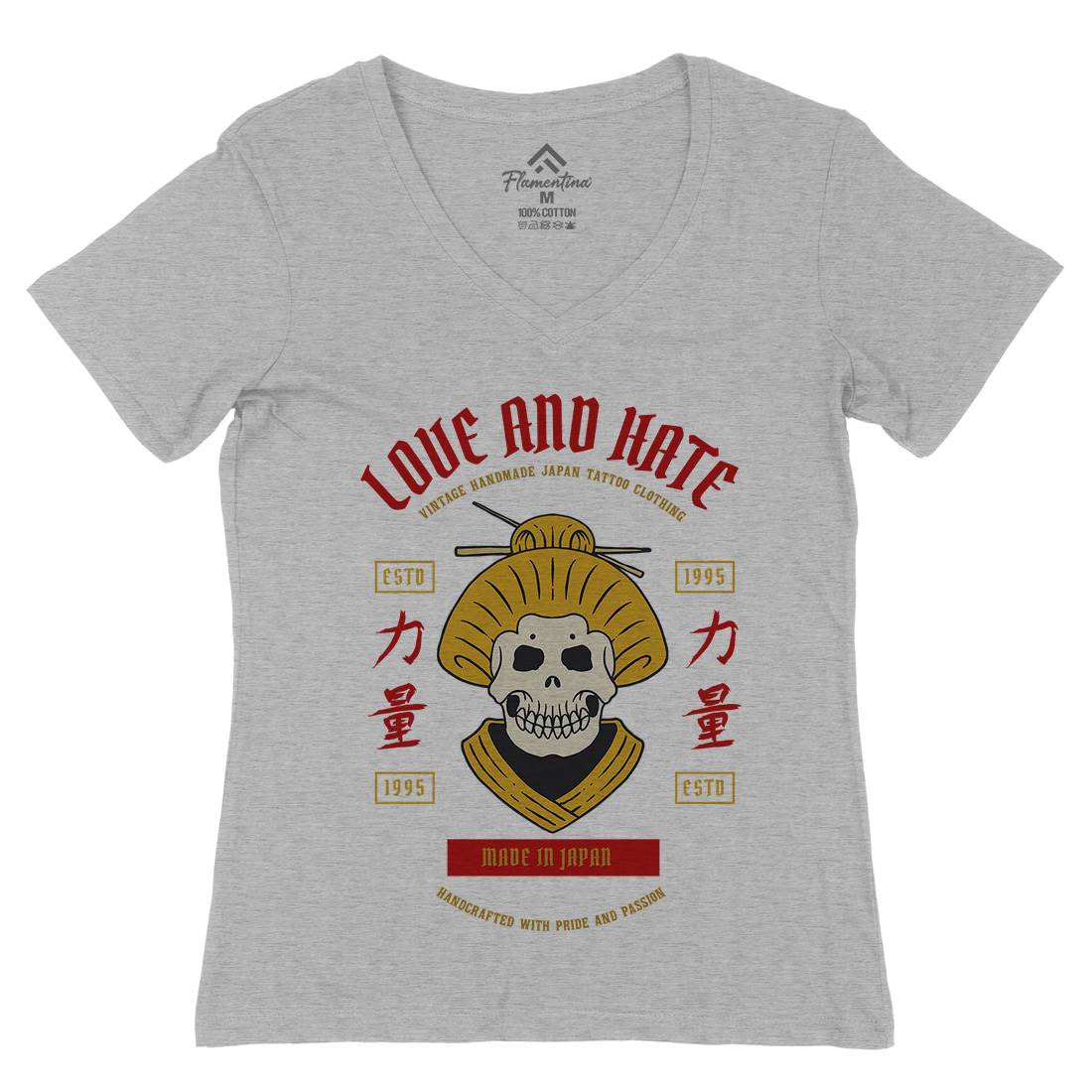 Geisha Skull Womens Organic V-Neck T-Shirt Asian C730