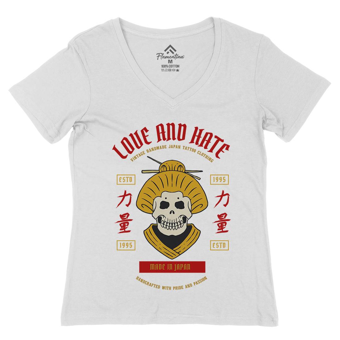 Geisha Skull Womens Organic V-Neck T-Shirt Asian C730