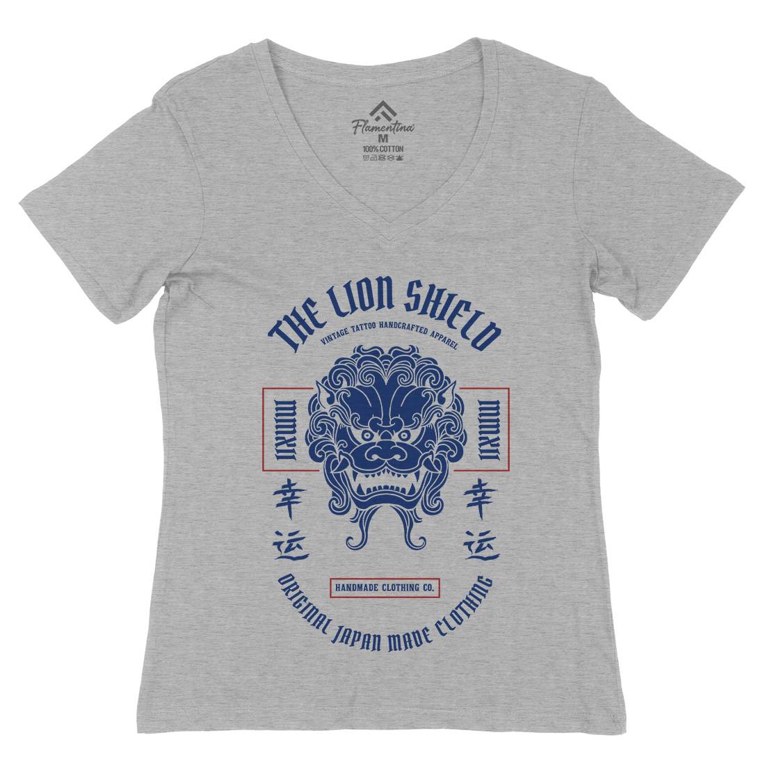 Lion Shield Womens Organic V-Neck T-Shirt Asian C743