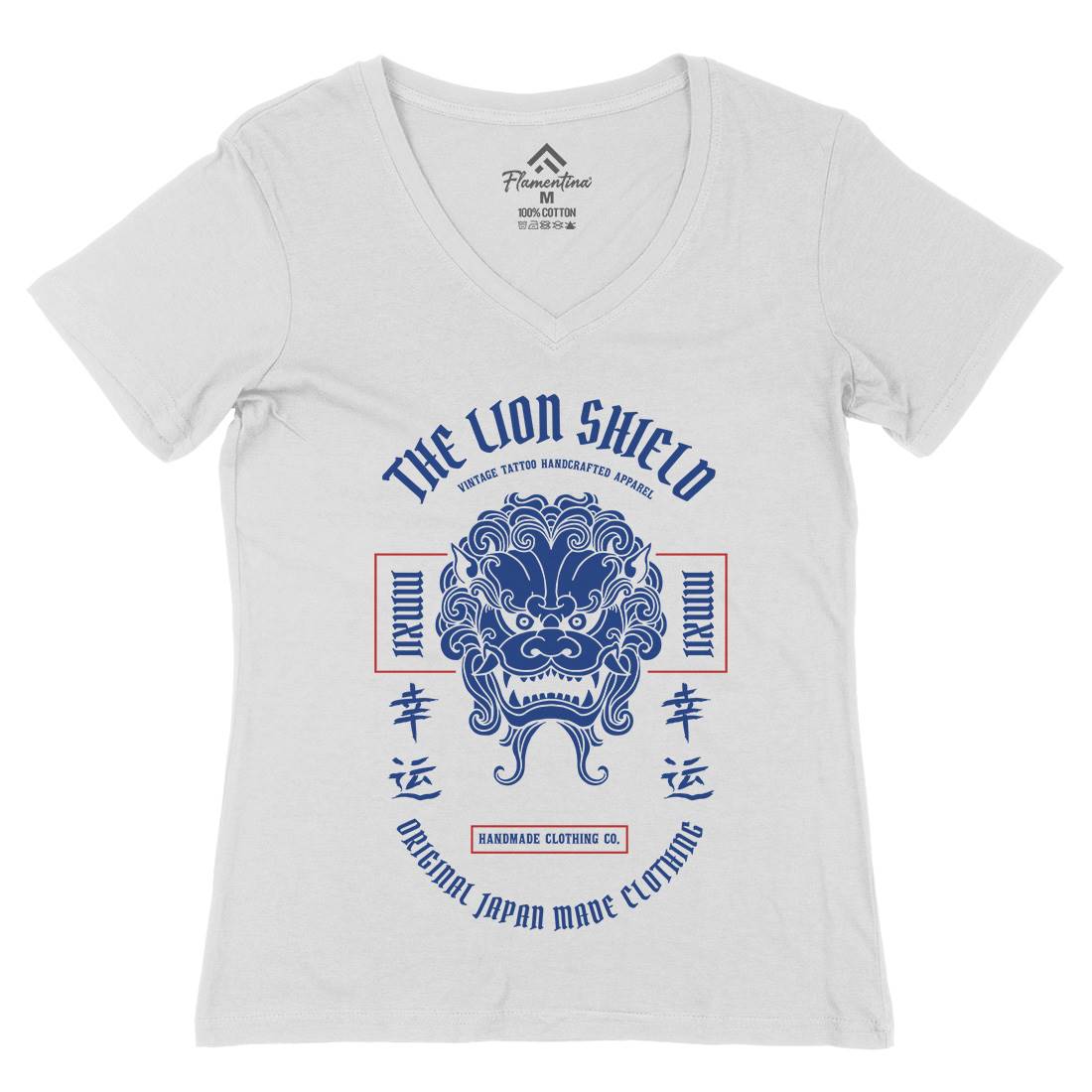 Lion Shield Womens Organic V-Neck T-Shirt Asian C743