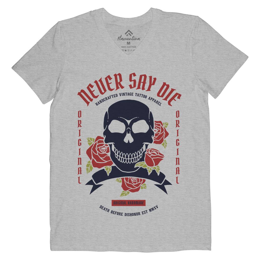 Skull Rose Mens Organic V-Neck T-Shirt Retro C776