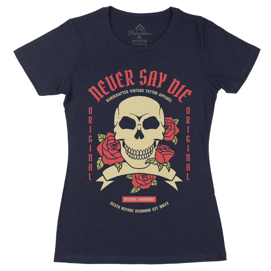 Skull Rose Womens Organic Crew Neck T-Shirt Retro C776