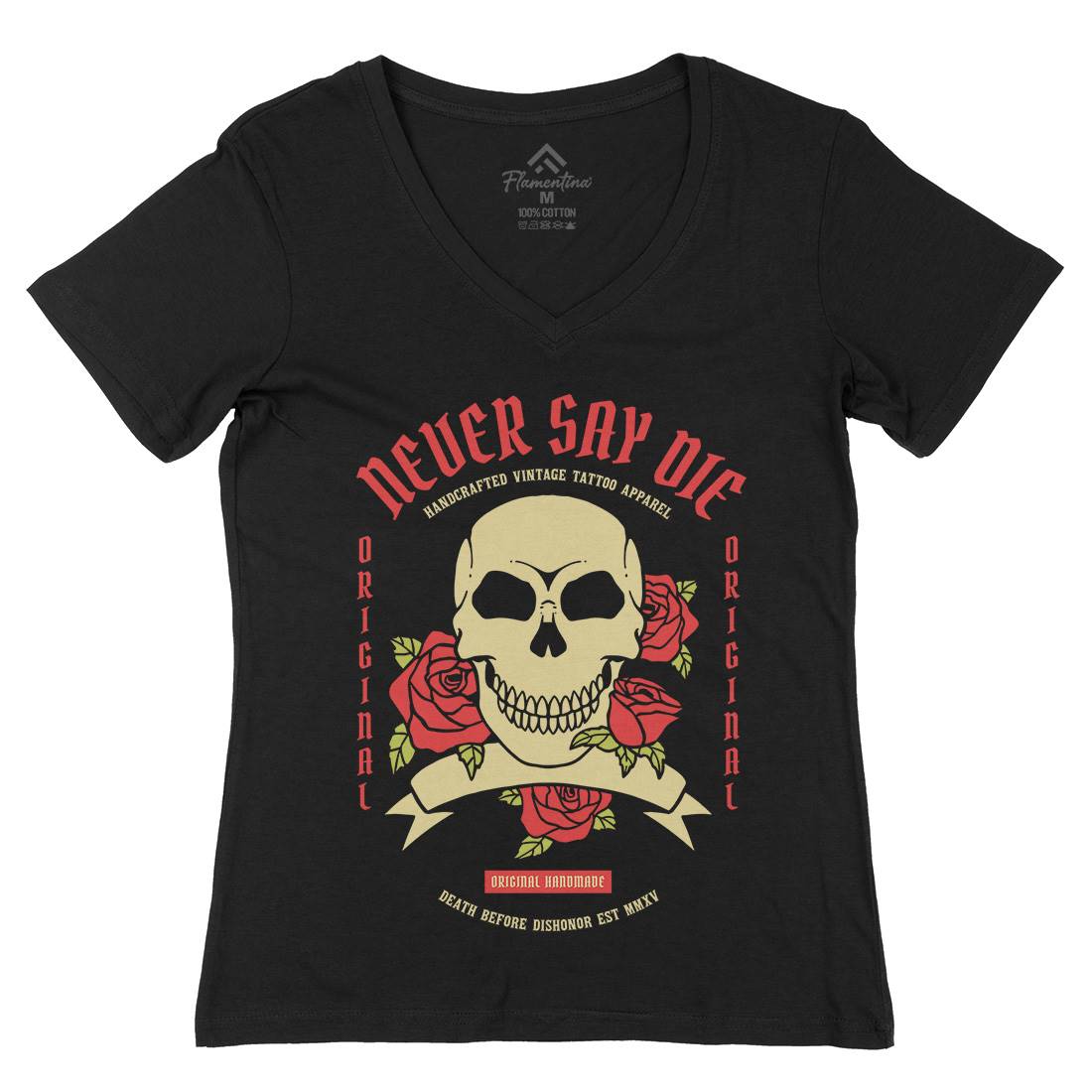 Skull Rose Womens Organic V-Neck T-Shirt Retro C776