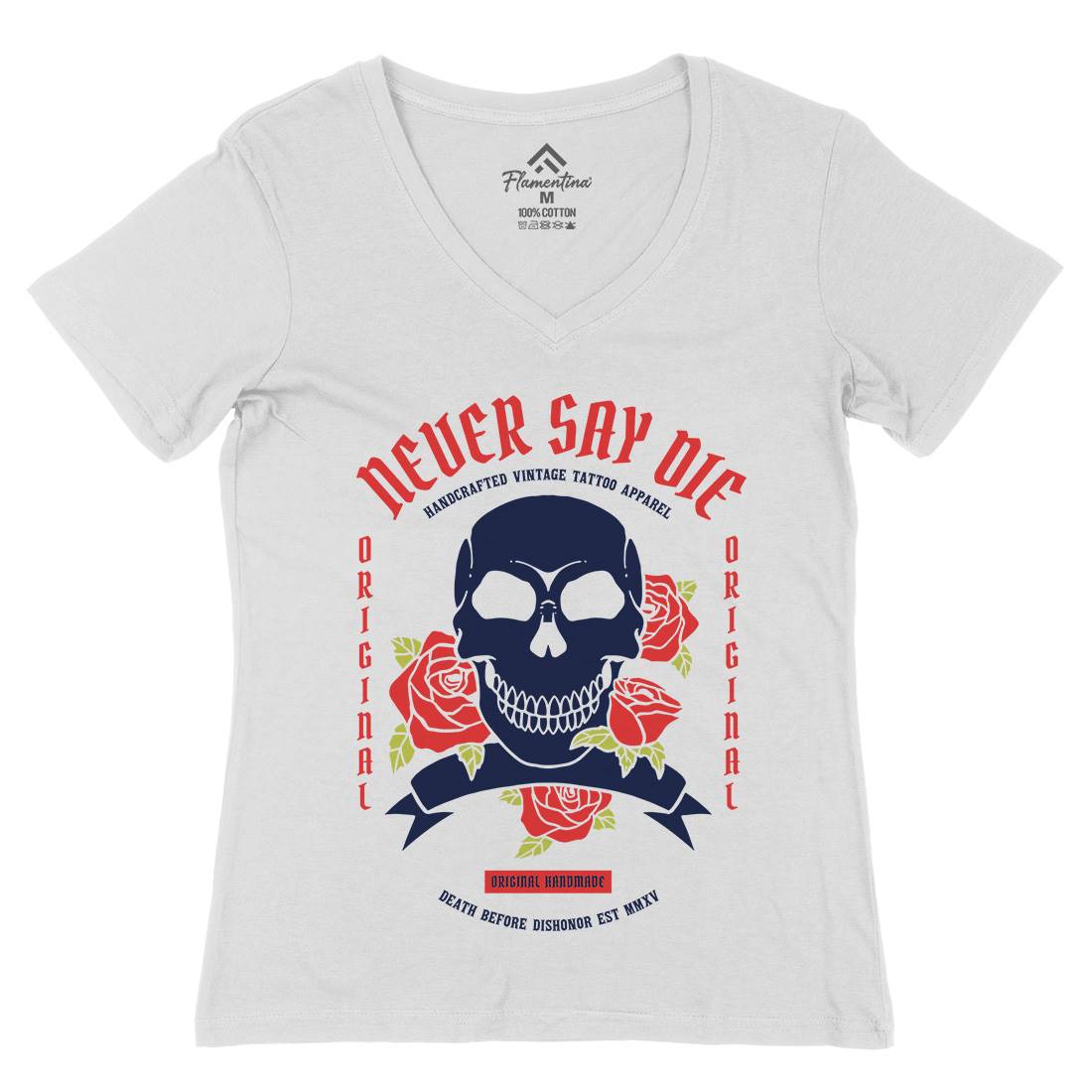 Skull Rose Womens Organic V-Neck T-Shirt Retro C776