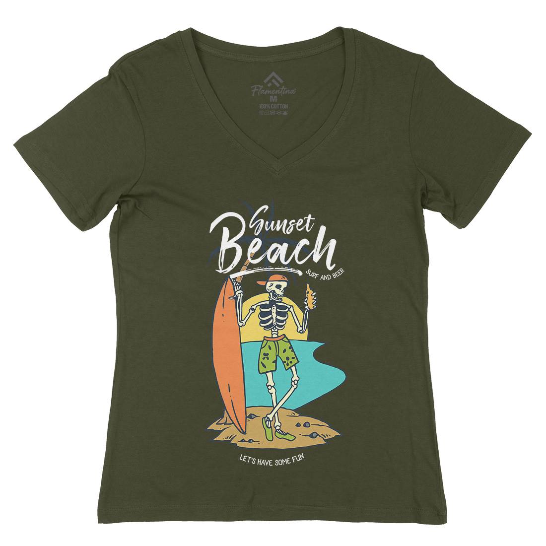 Skull And Beer Womens Organic V-Neck T-Shirt Surf C777