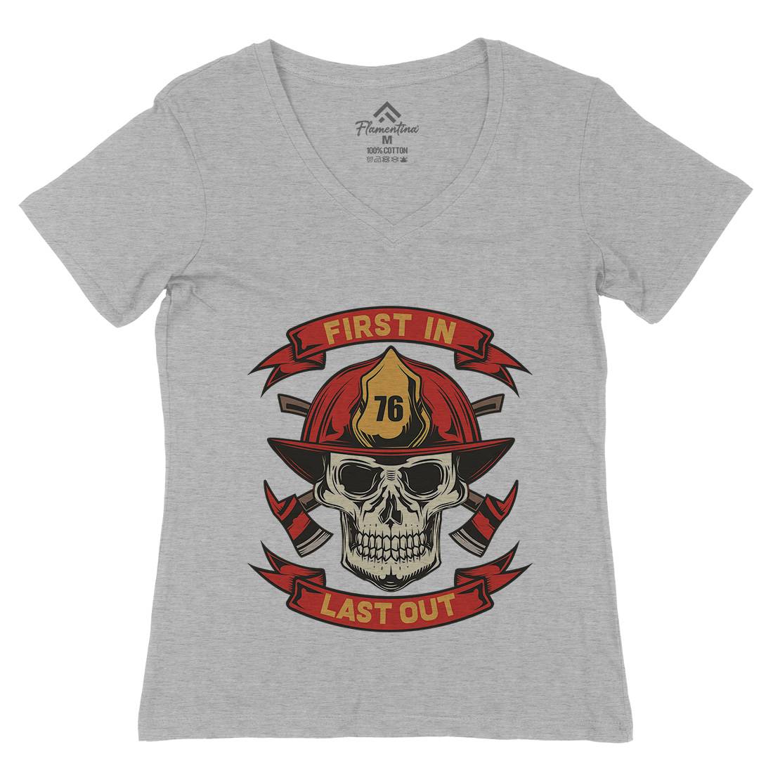 First In Last Out Womens Organic V-Neck T-Shirt Firefighters C825