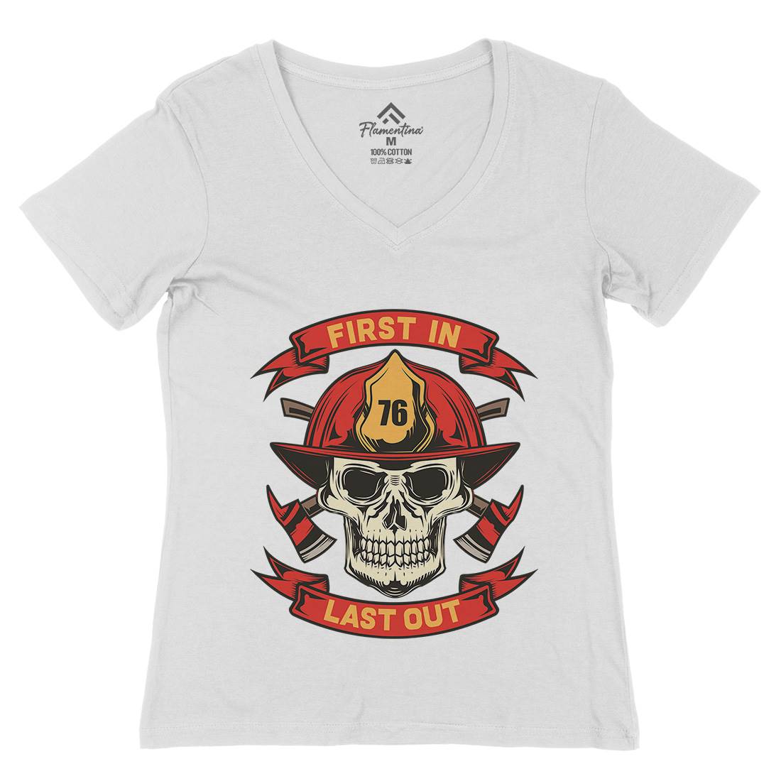 First In Last Out Womens Organic V-Neck T-Shirt Firefighters C825