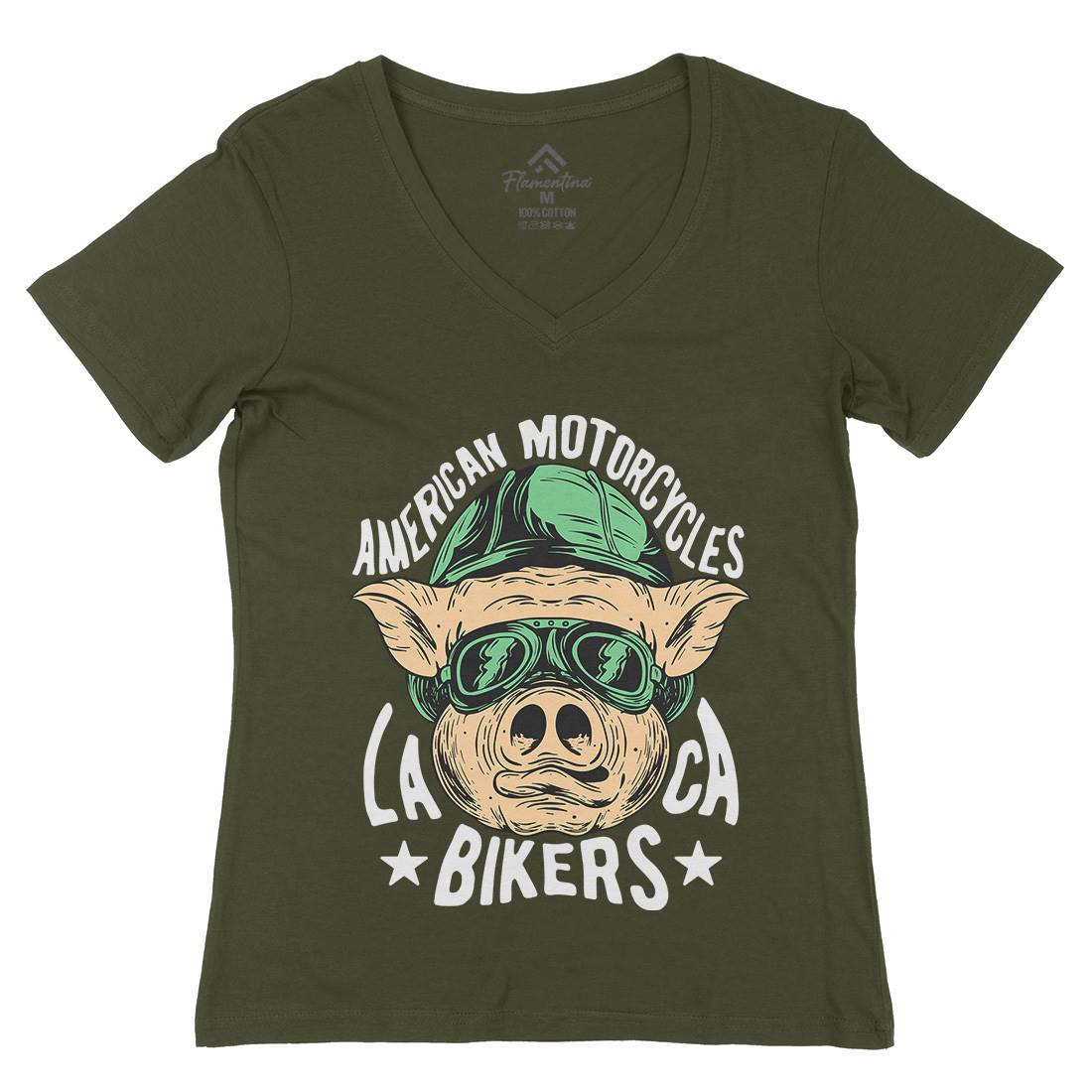 Biker Pig Womens Organic V-Neck T-Shirt Motorcycles C876