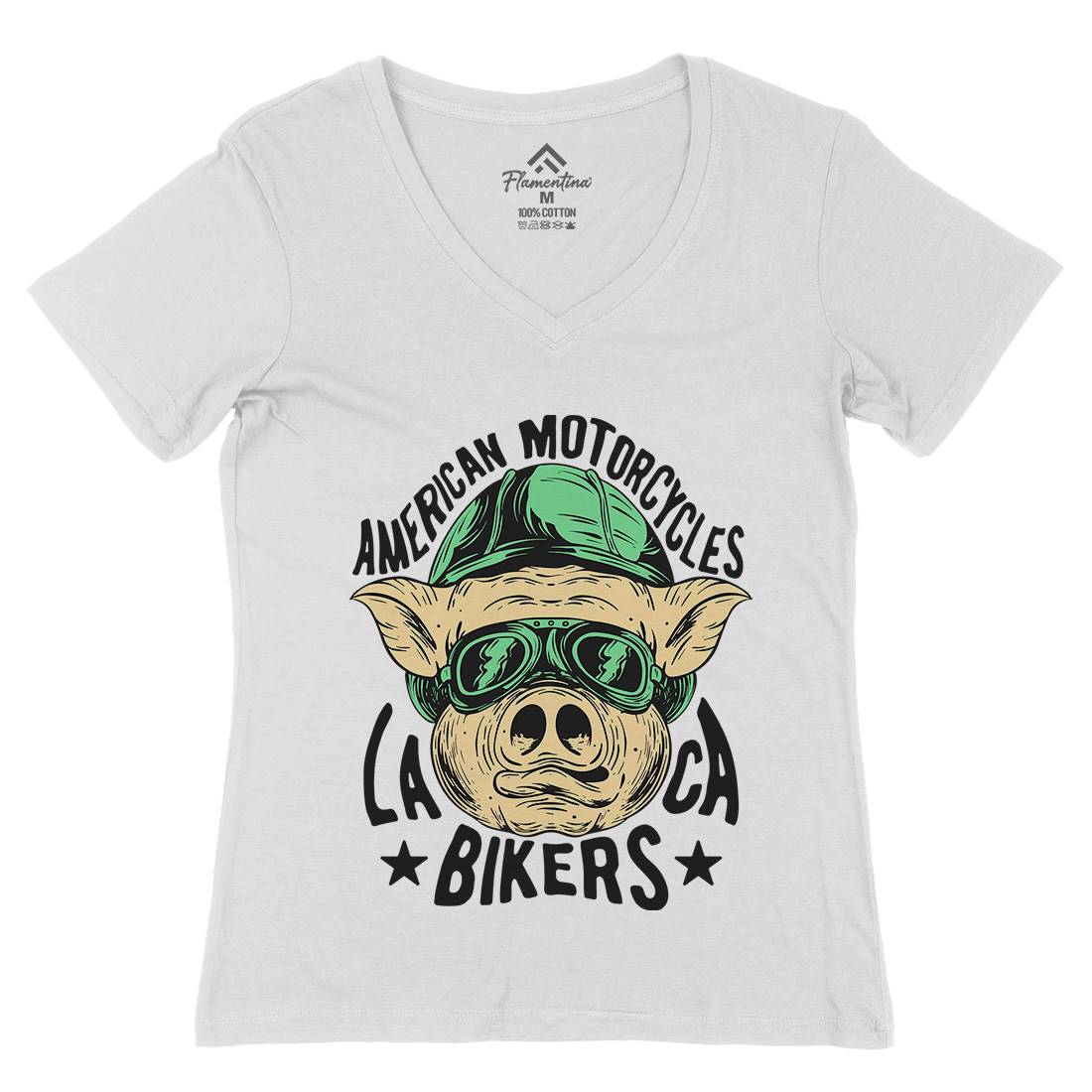 Biker Pig Womens Organic V-Neck T-Shirt Motorcycles C876