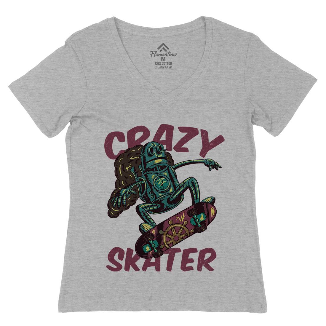 Robot Skater Womens Organic V-Neck T-Shirt Skate C882