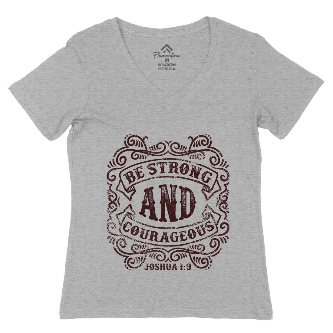 Be Strong And Courageous Womens Organic V-Neck T-Shirt Religion C908