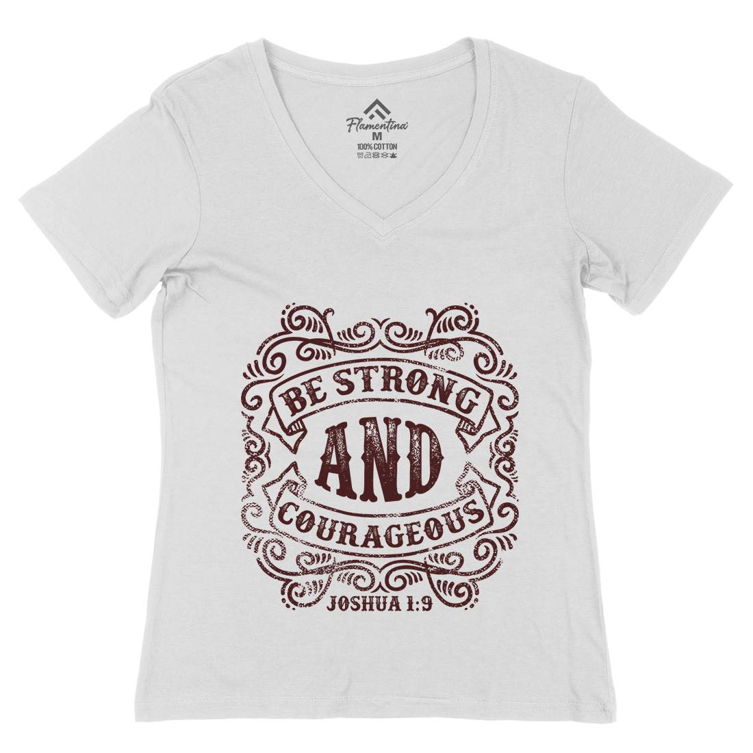 Be Strong And Courageous Womens Organic V-Neck T-Shirt Religion C908