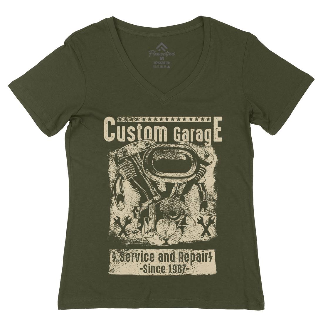 Custom Garage Womens Organic V-Neck T-Shirt Motorcycles C920