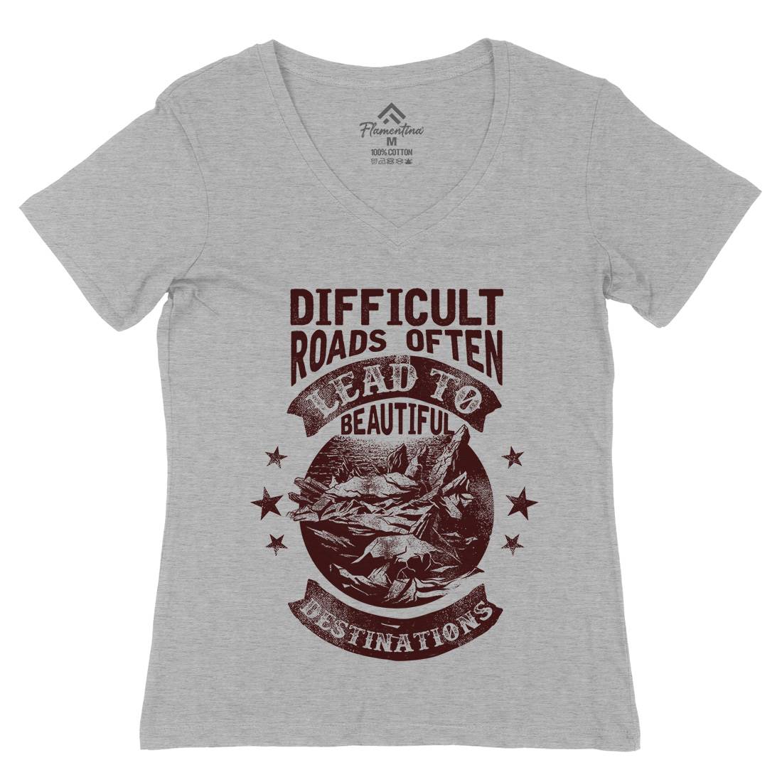 Difficult Roads Womens Organic V-Neck T-Shirt Nature C922