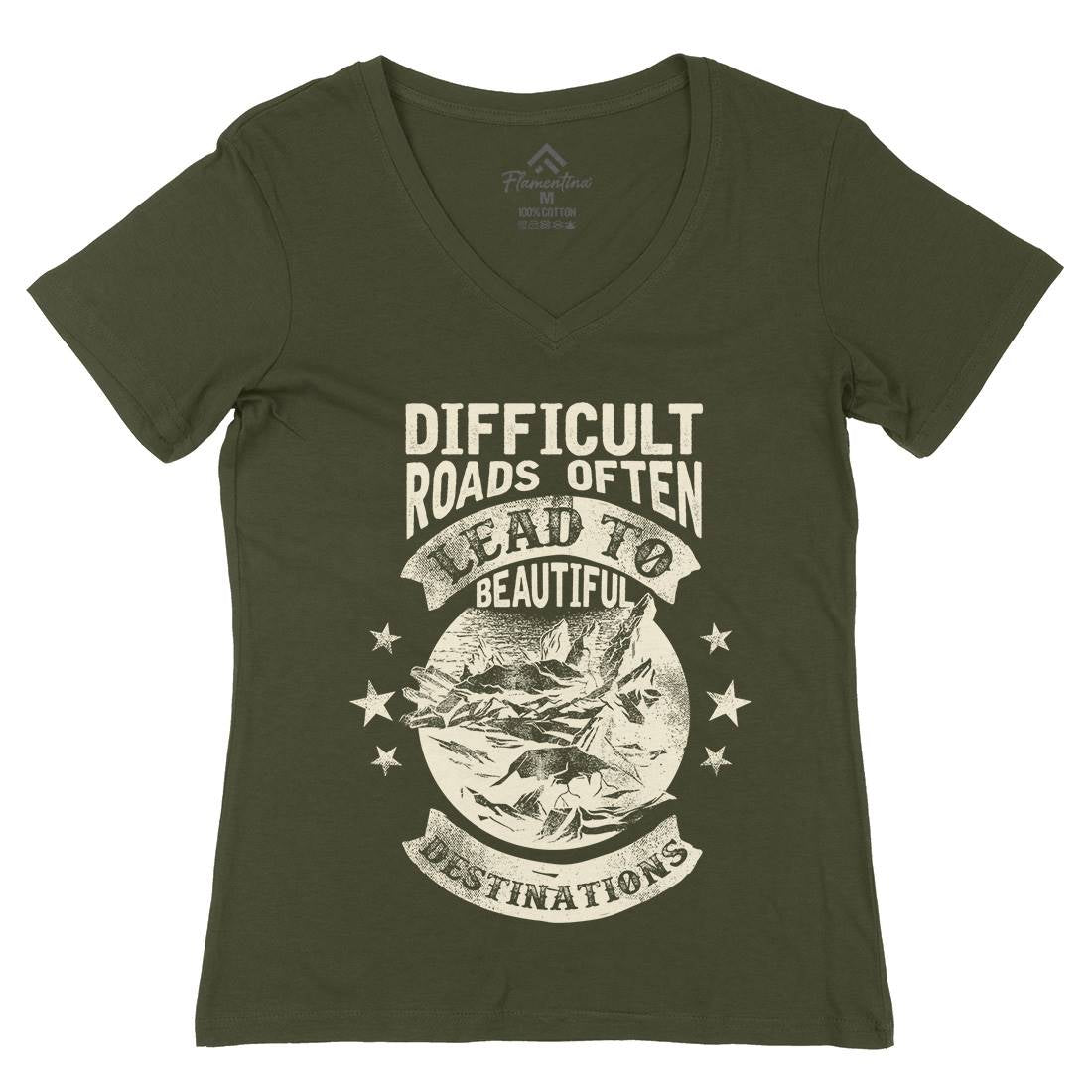 Difficult Roads Womens Organic V-Neck T-Shirt Nature C922