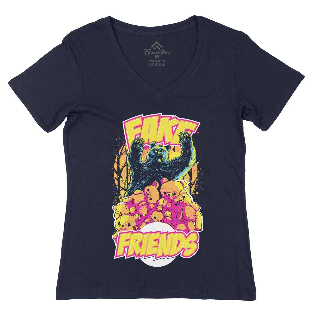 Fake Friends Womens Organic V-Neck T-Shirt Retro C929