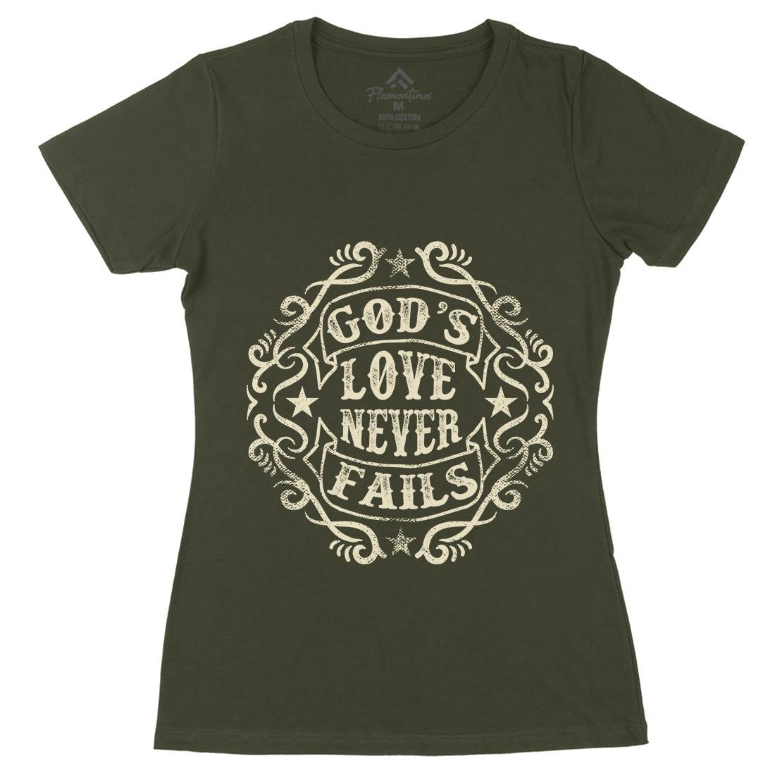 God&#39;s Love Never Fails Womens Organic Crew Neck T-Shirt Religion C938