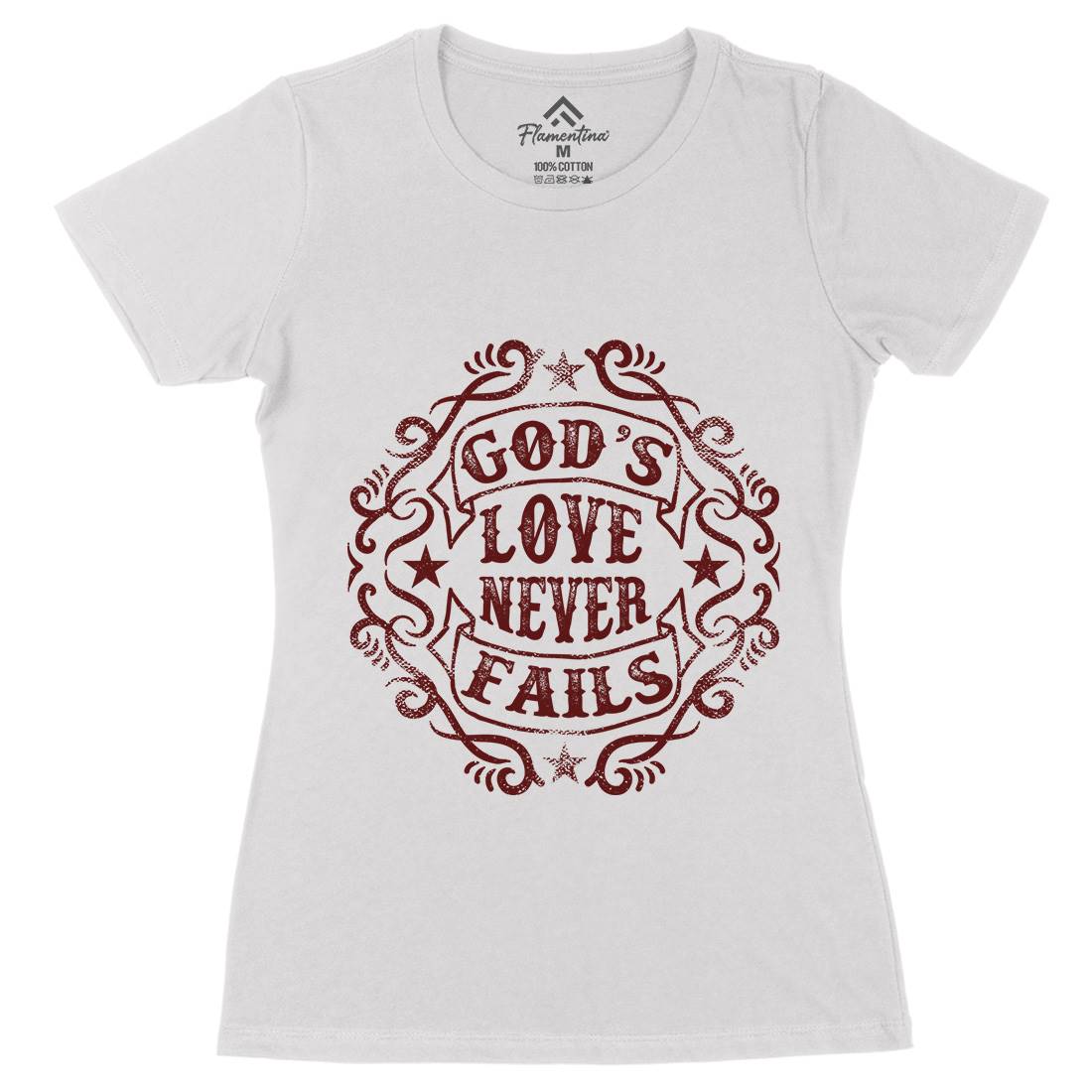 God&#39;s Love Never Fails Womens Organic Crew Neck T-Shirt Religion C938