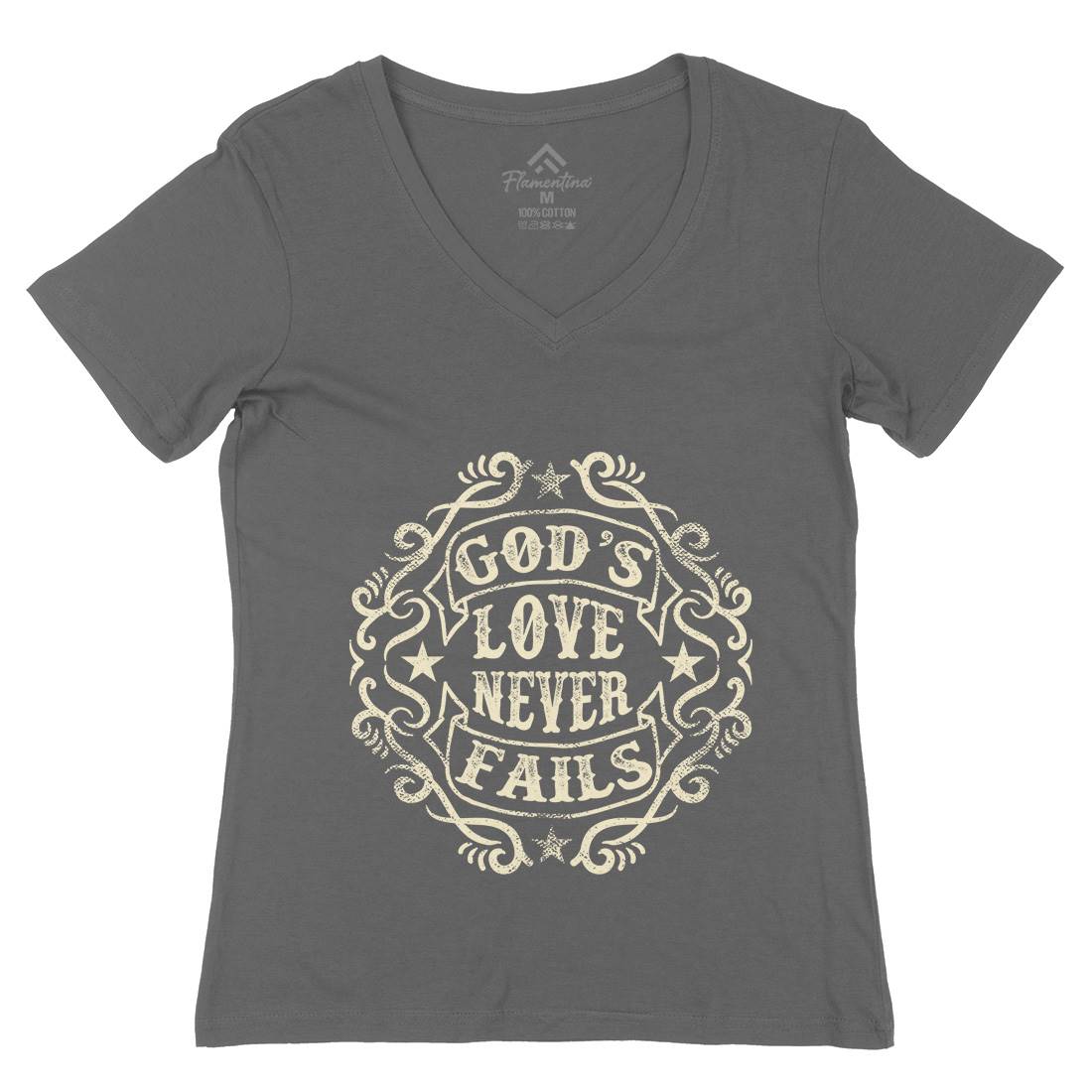 God&#39;s Love Never Fails Womens Organic V-Neck T-Shirt Religion C938