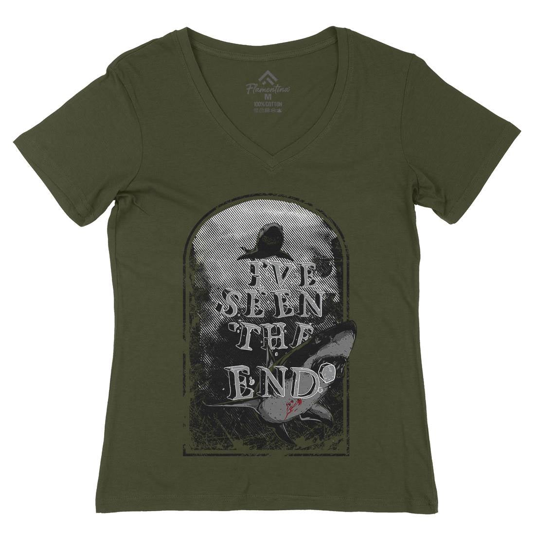 I&#39;ve Seen The End Womens Organic V-Neck T-Shirt Navy C949