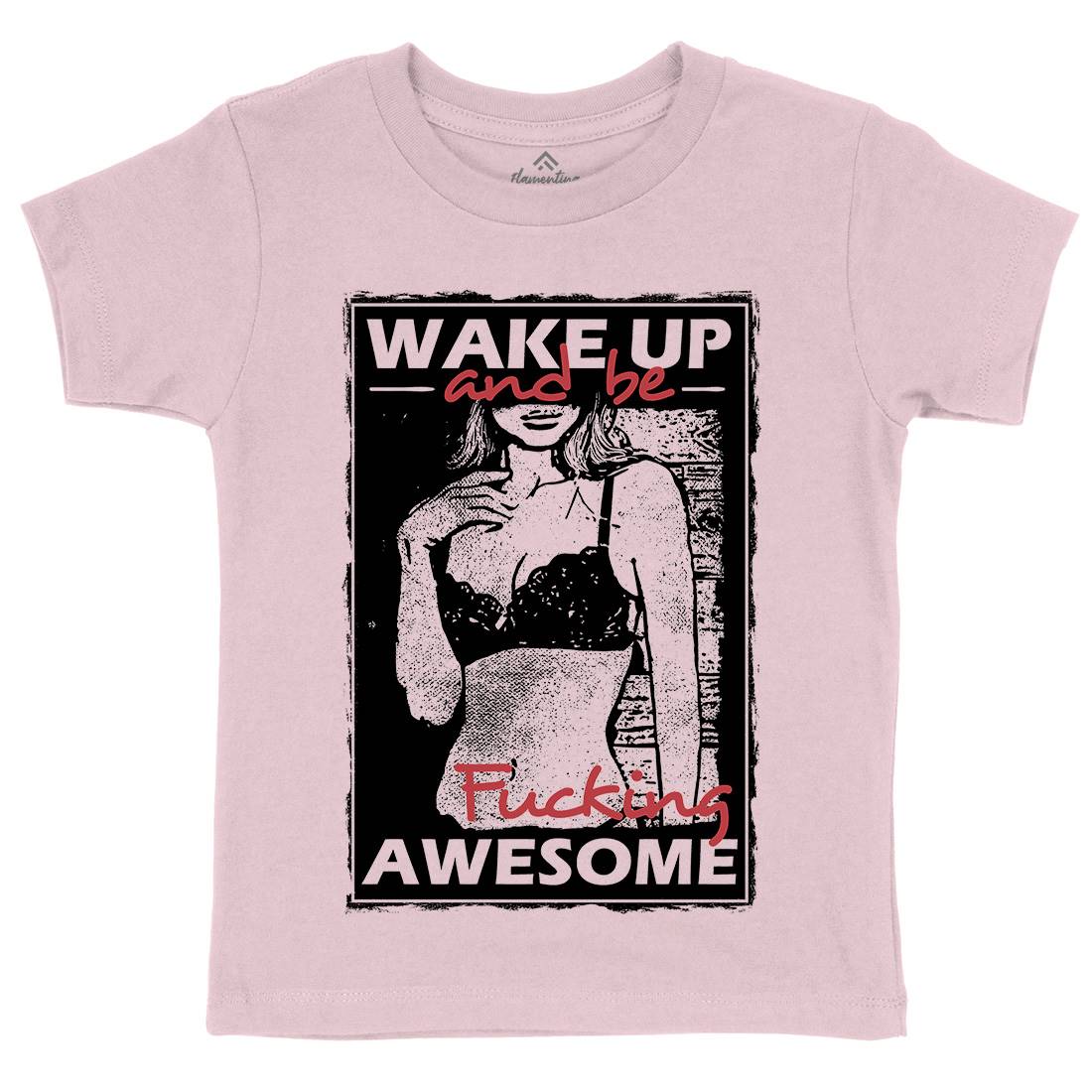 Wake Up And Be Awesome Kids Organic Crew Neck T-Shirt Gym C993