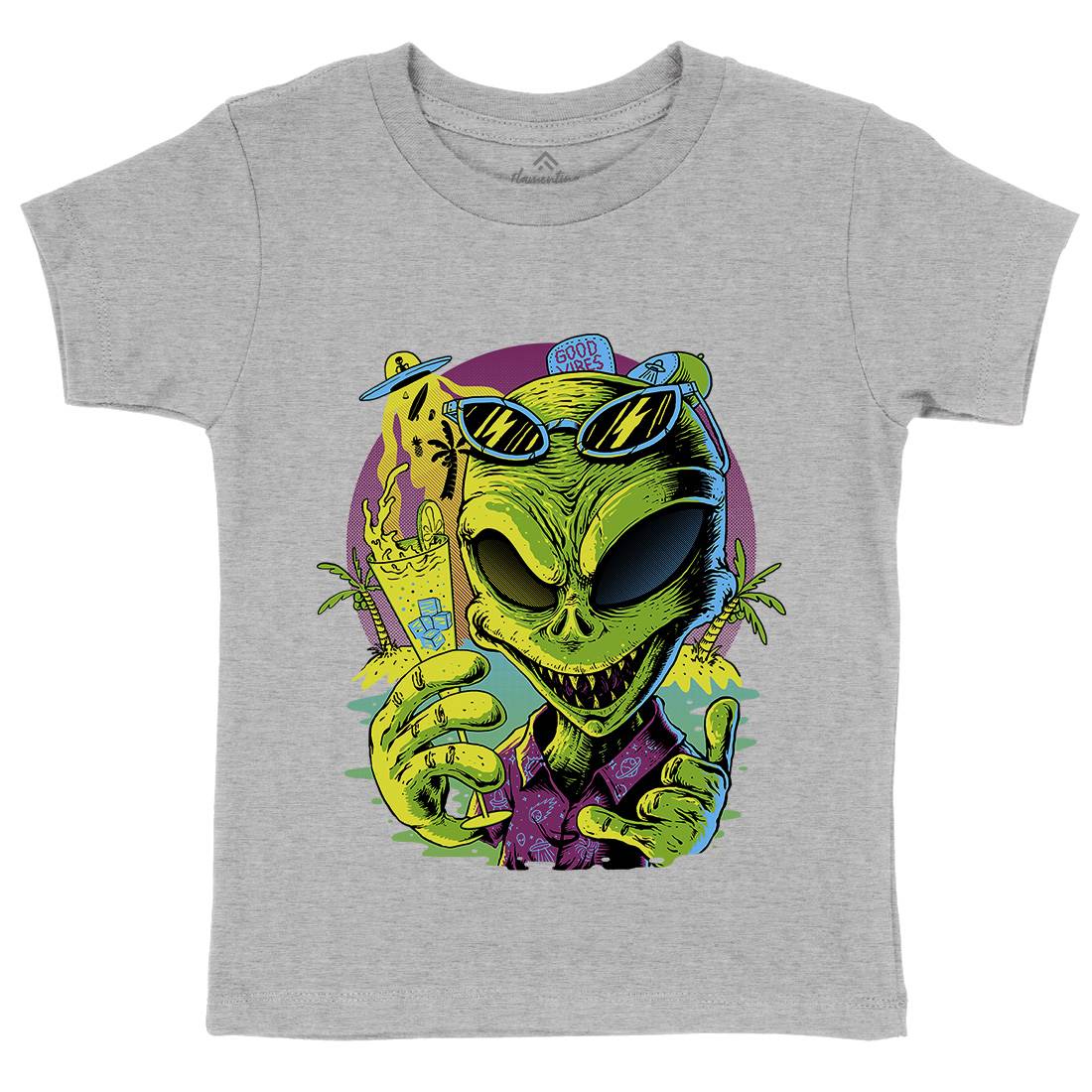 Alien Summer Vibes Kids Crew Neck T-Shirt Holiday D003