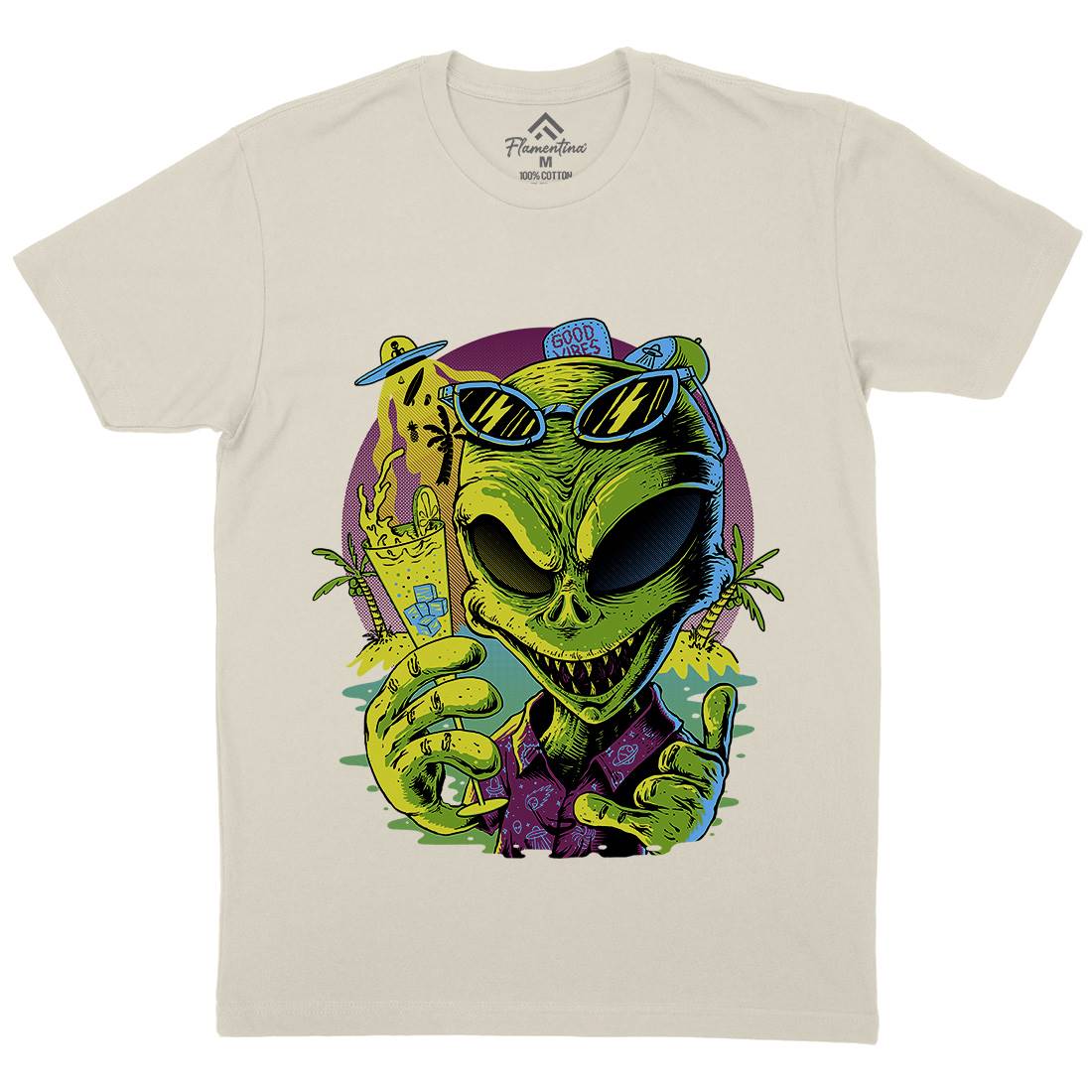 Alien Summer Vibes Mens Organic Crew Neck T-Shirt Holiday D003