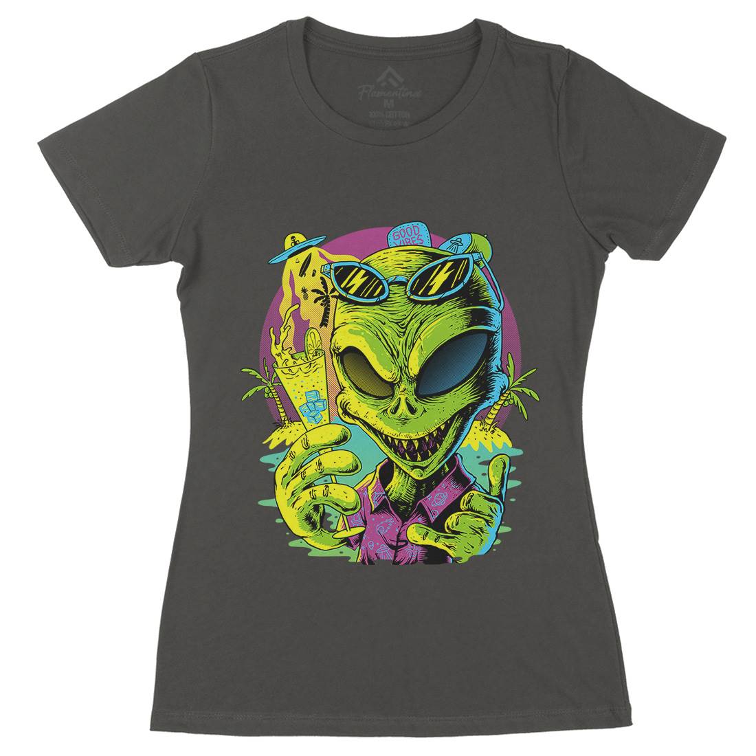 Alien Summer Vibes Womens Organic Crew Neck T-Shirt Holiday D003