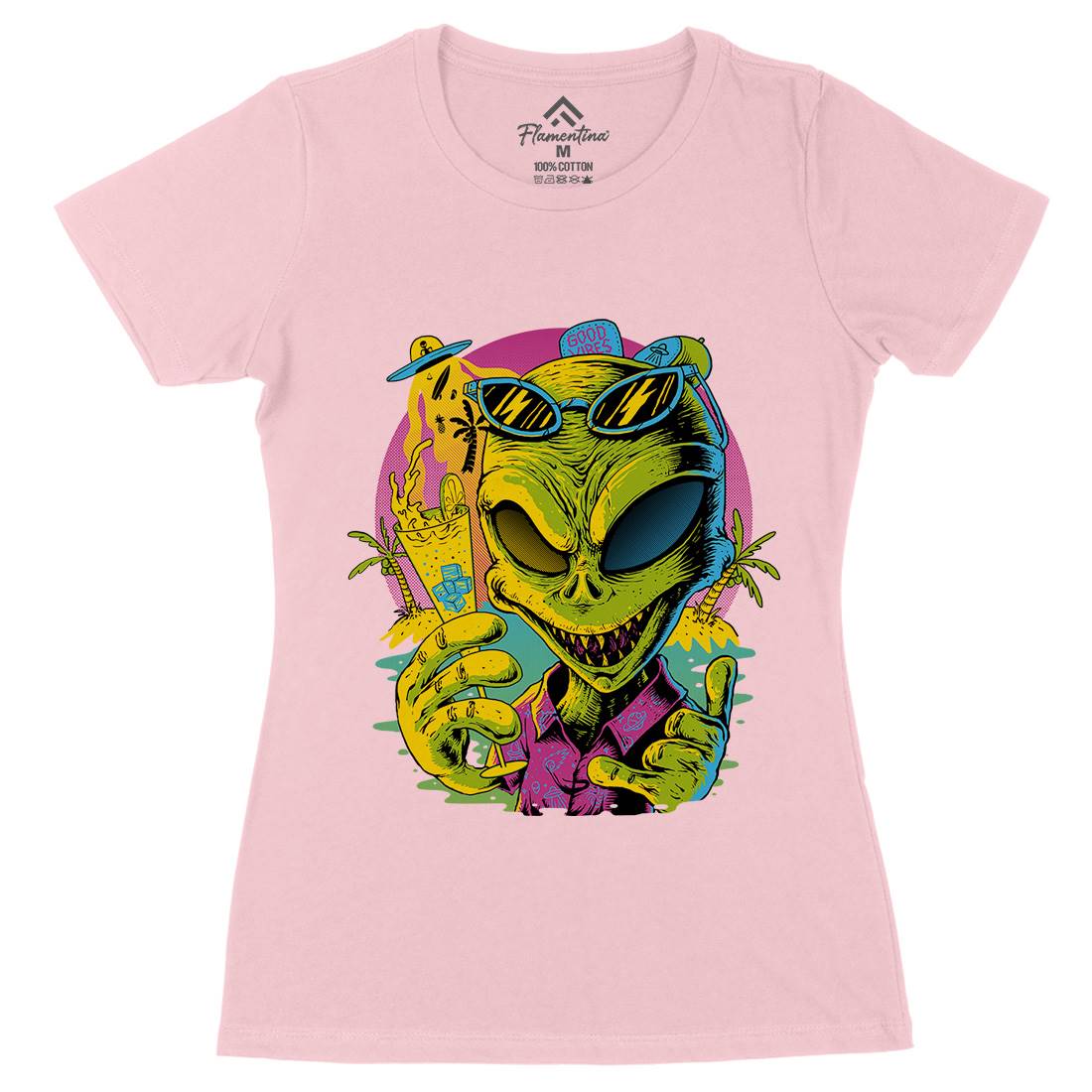 Alien Summer Vibes Womens Organic Crew Neck T-Shirt Holiday D003