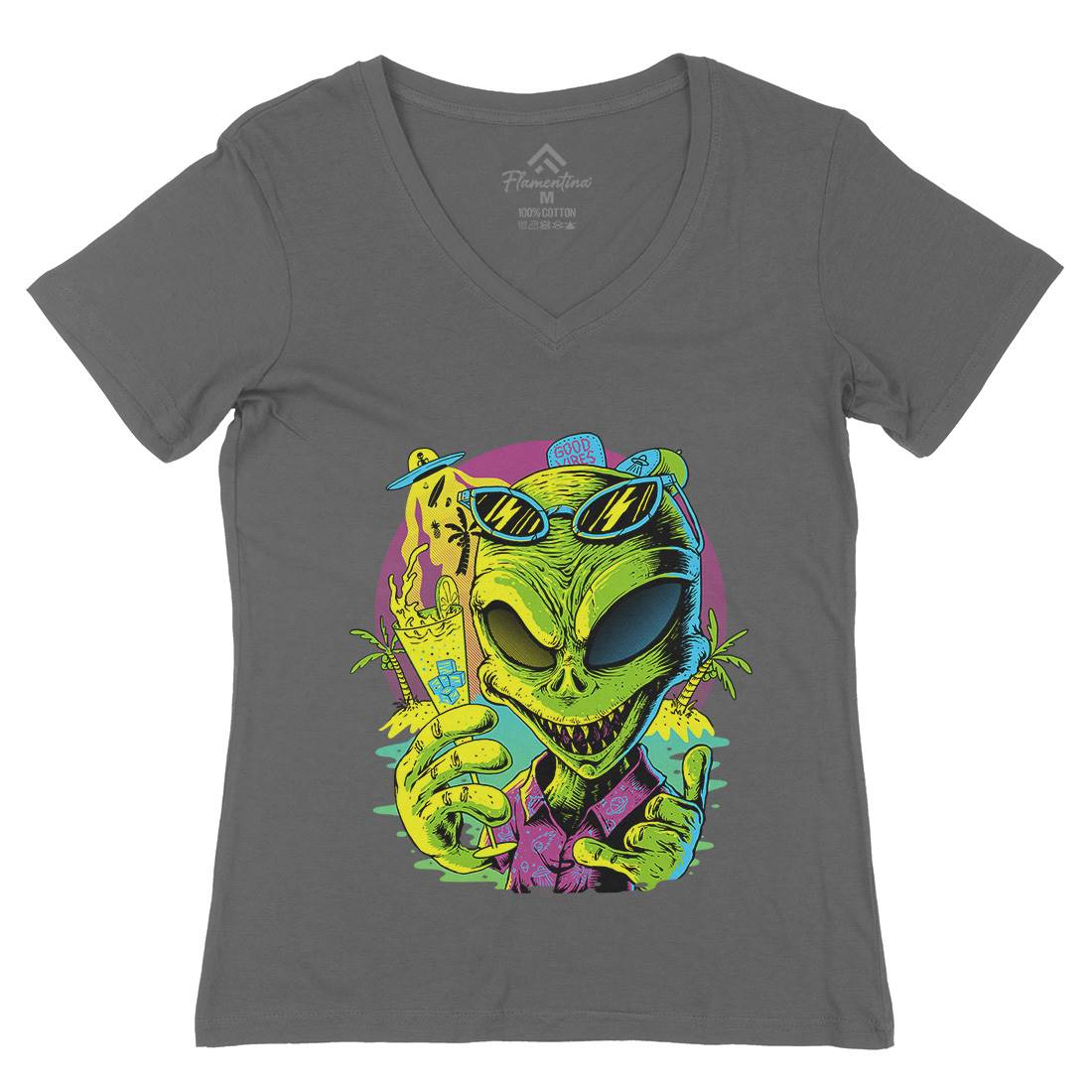 Alien Summer Vibes Womens Organic V-Neck T-Shirt Holiday D003
