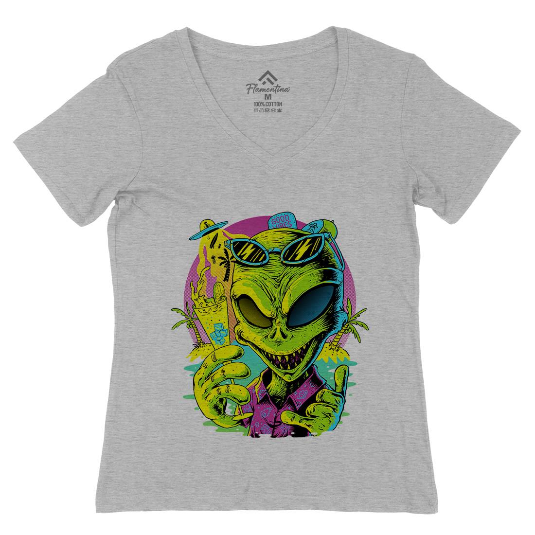 Alien Summer Vibes Womens Organic V-Neck T-Shirt Holiday D003