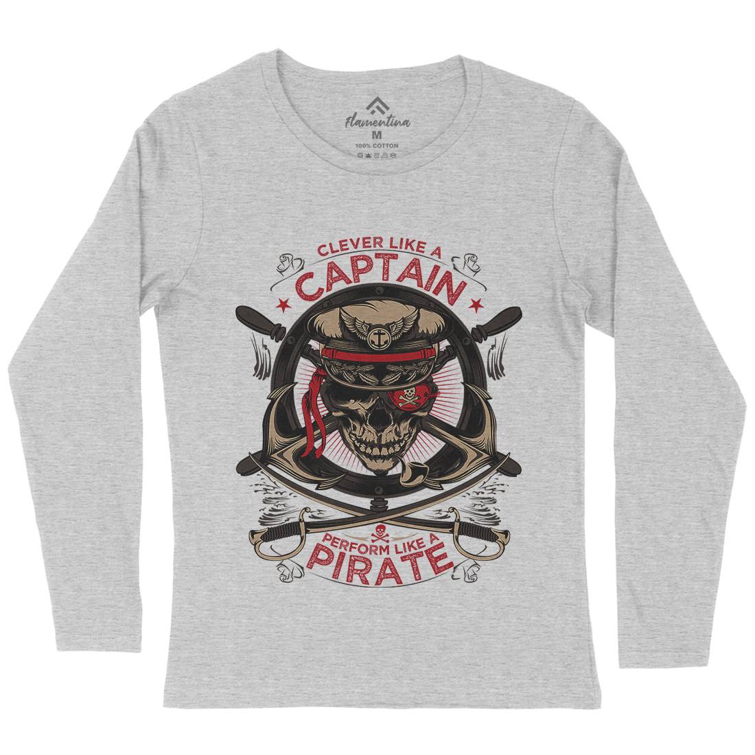 Captain Pirate Womens Long Sleeve T-Shirt Navy D018