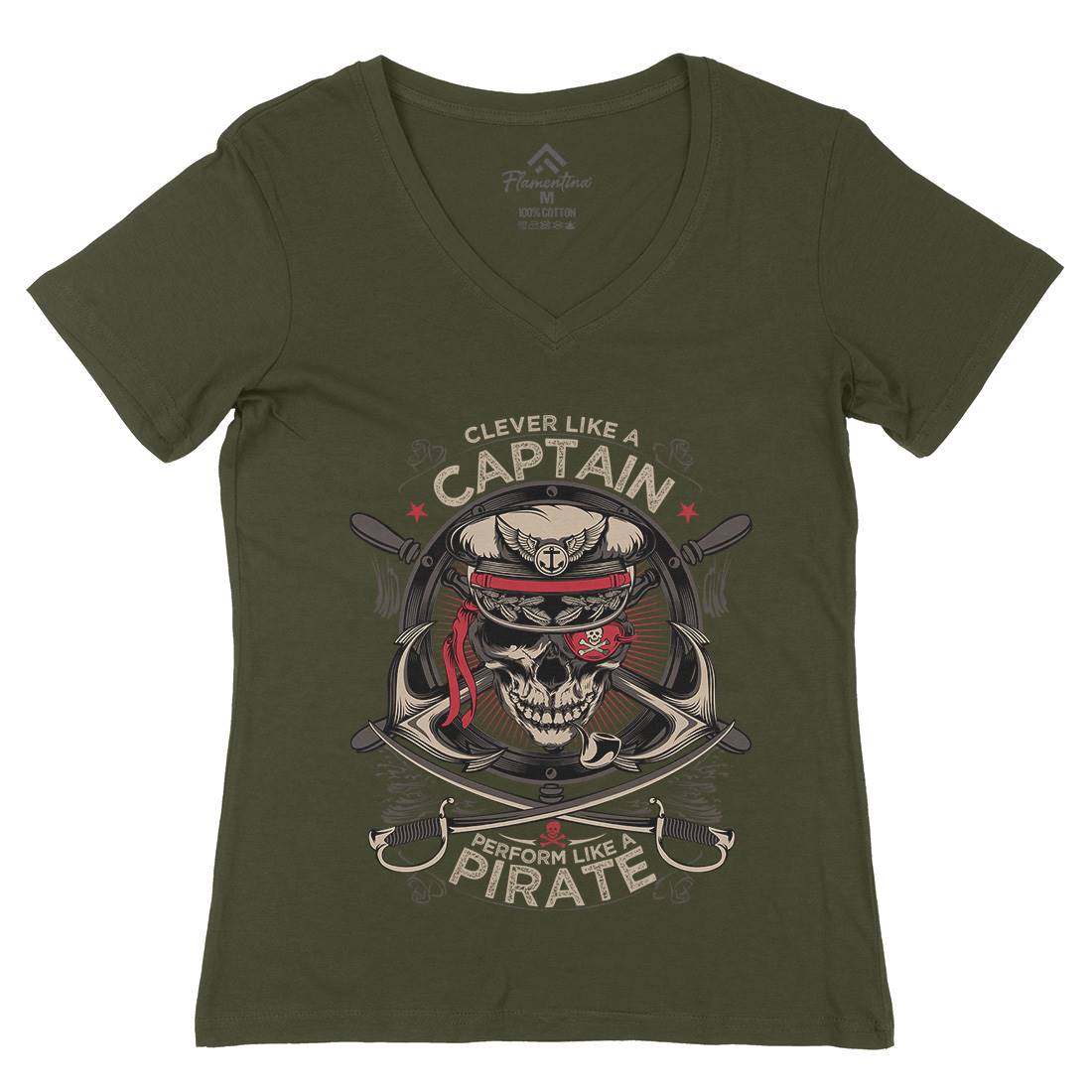 Captain Pirate Womens Organic V-Neck T-Shirt Navy D018
