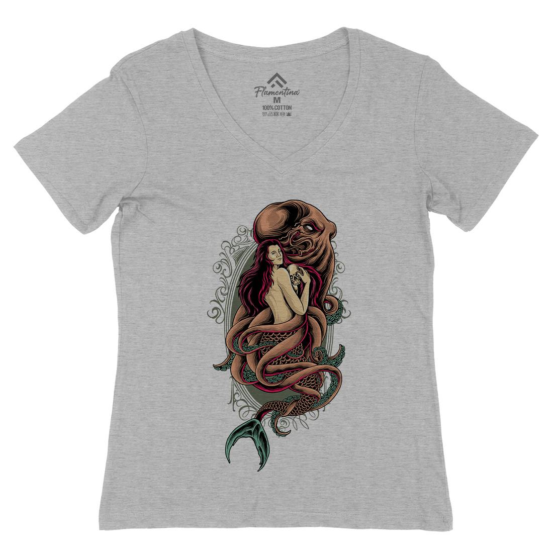 Devil Mermaid Womens Organic V-Neck T-Shirt Navy D025