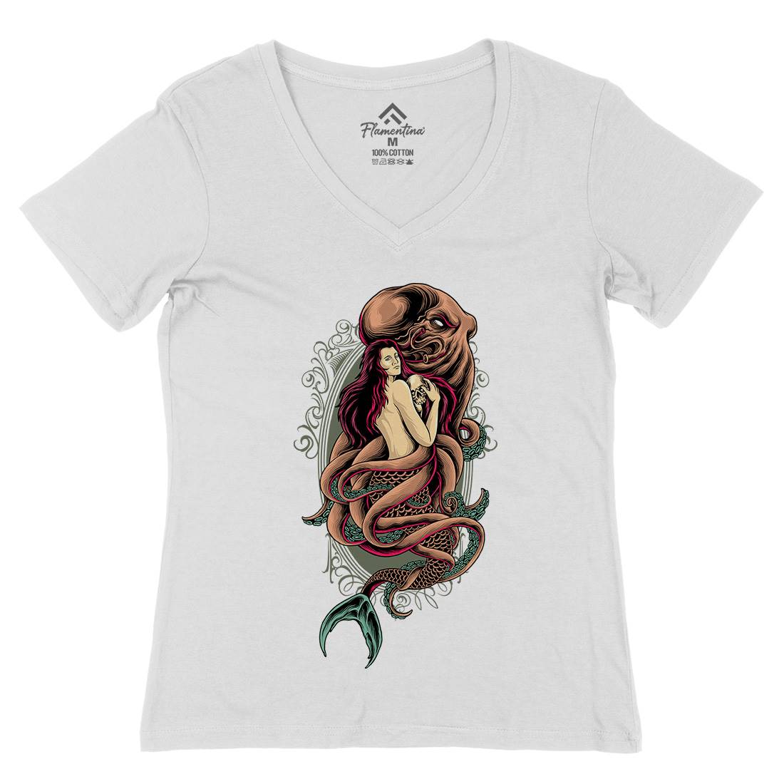 Devil Mermaid Womens Organic V-Neck T-Shirt Navy D025