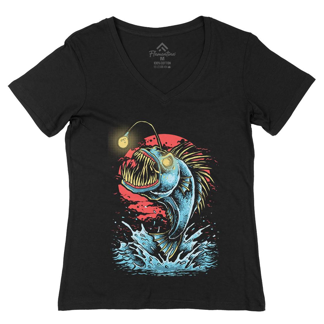 Fish Monster Womens Organic V-Neck T-Shirt Horror D031