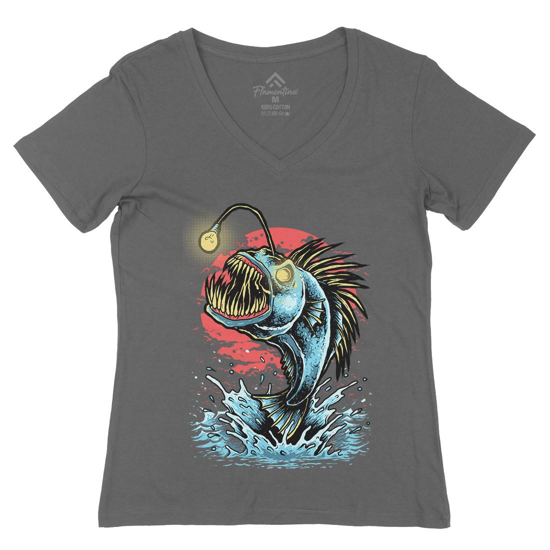 Fish Monster Womens Organic V-Neck T-Shirt Horror D031
