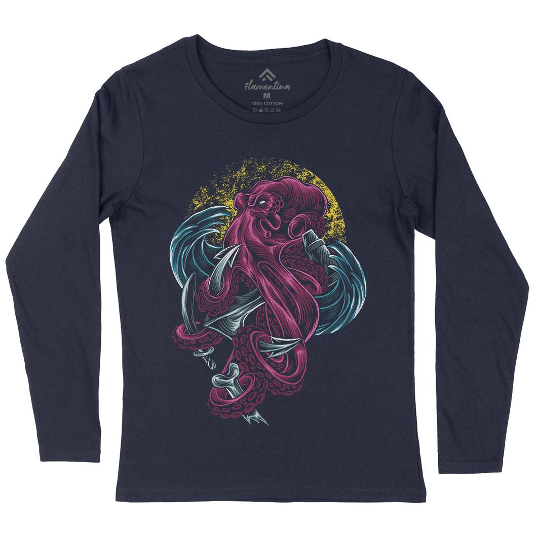 Kraken Womens Long Sleeve T-Shirt Navy D051