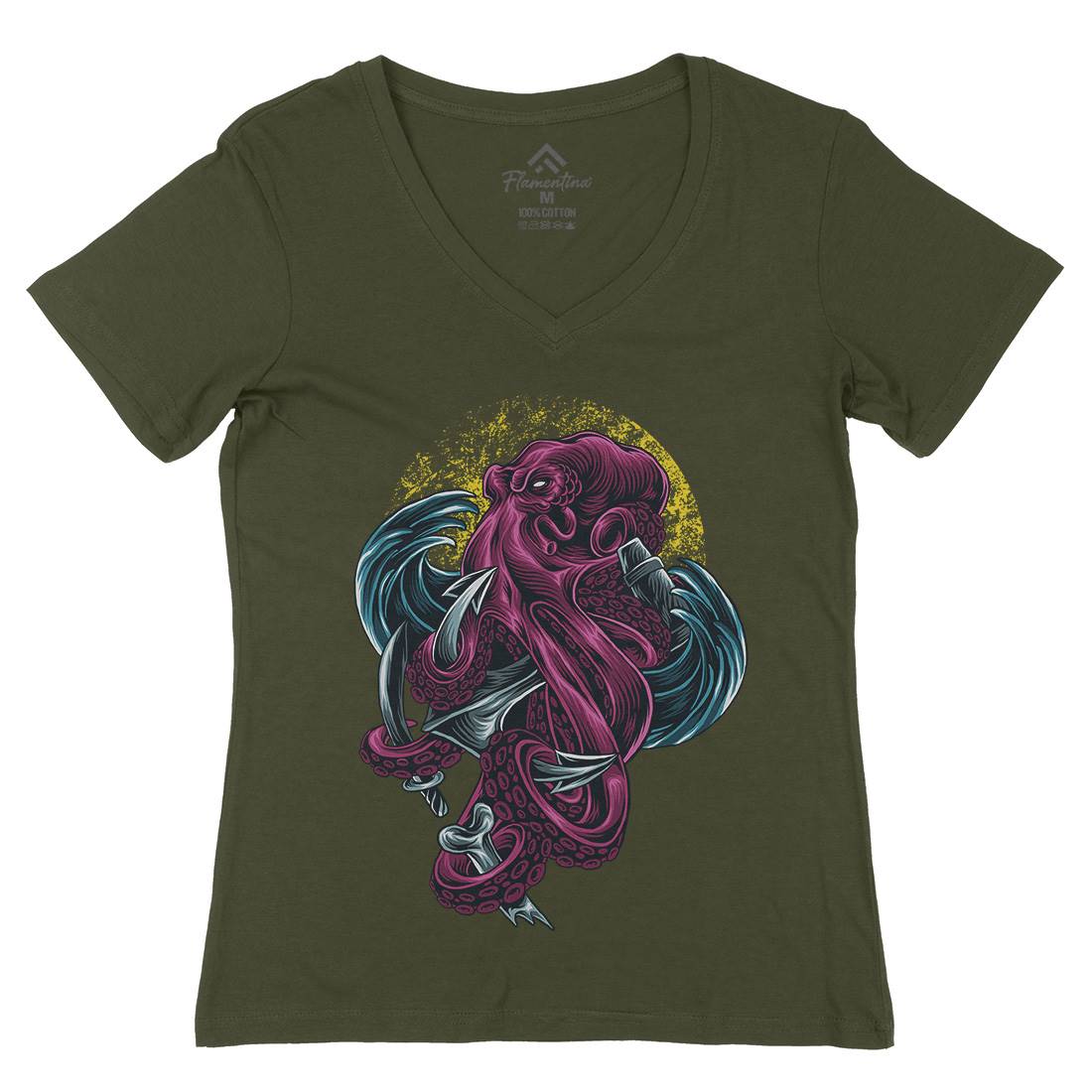 Kraken Womens Organic V-Neck T-Shirt Navy D051