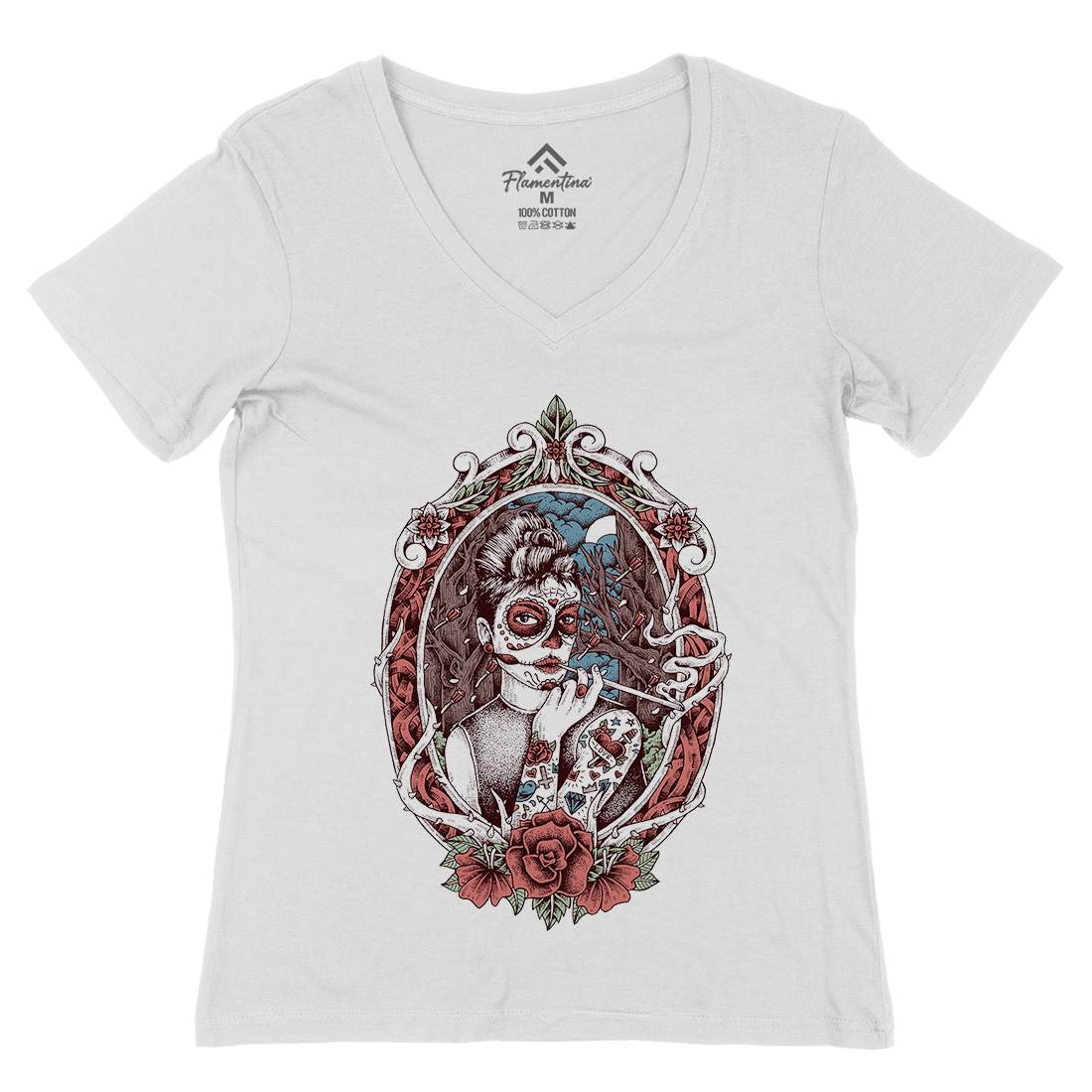Death Lady Womens Organic V-Neck T-Shirt Horror D053