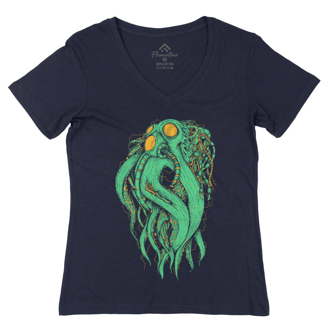 Octopus Robot Womens Organic V-Neck T-Shirt Navy D062